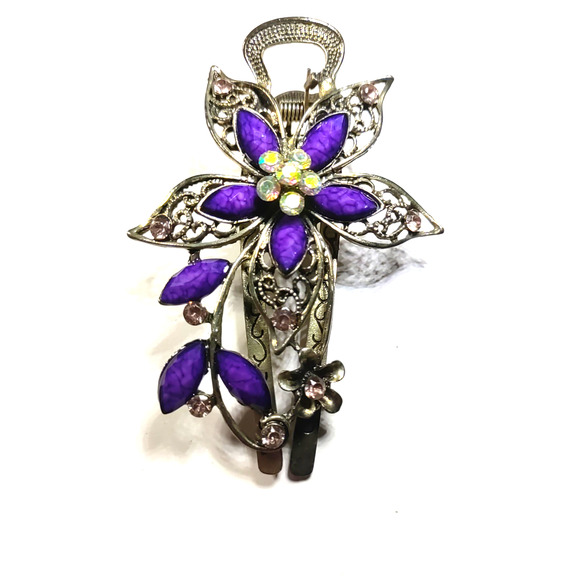 Hair Barrette Clip Gold Tone Purple Shiny Rhinestones Elegant Wedding Pageant - Picture 3 of 6